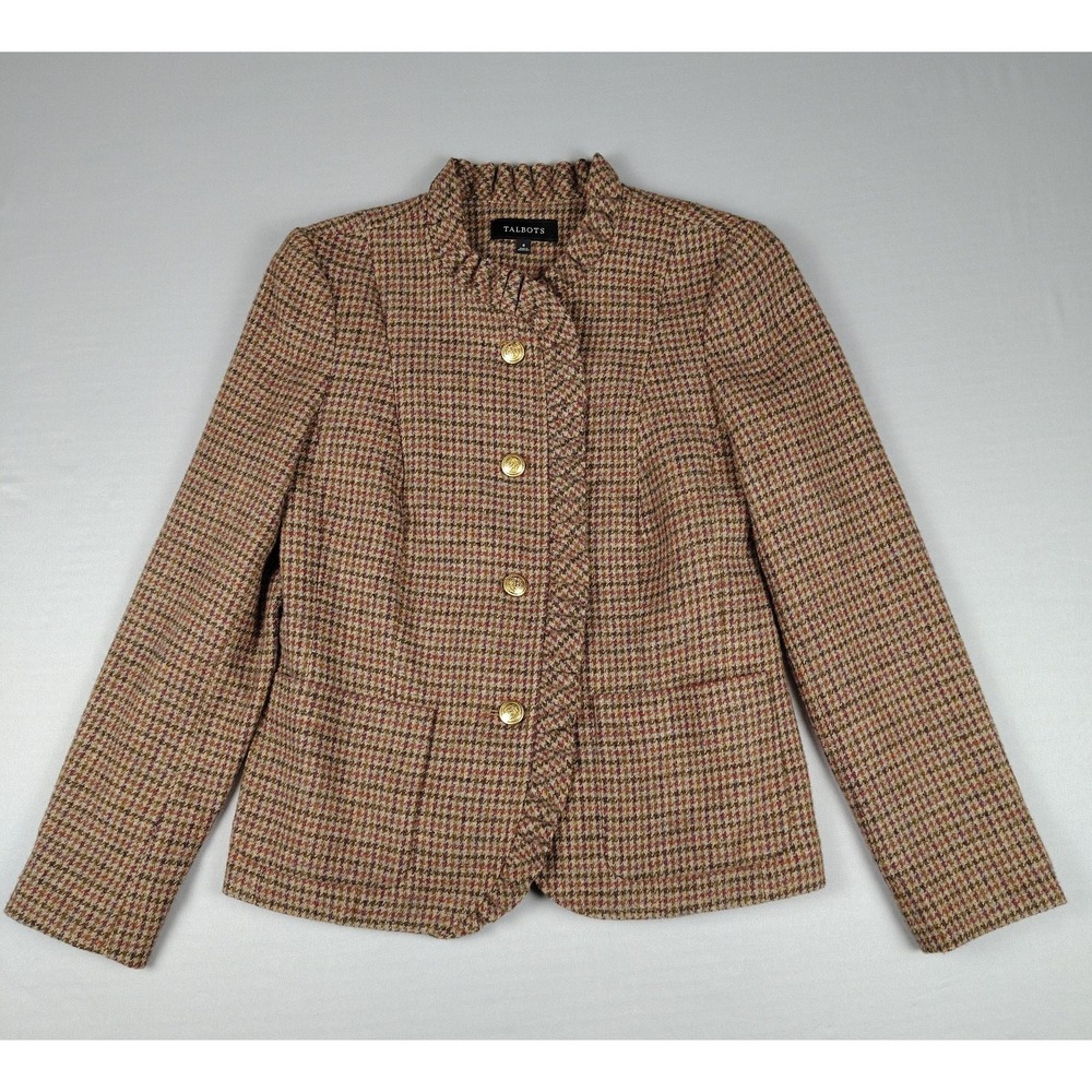 Talbots Womens 6 Wool Blend Houndstooth Blazer Jacket Ruffled Collar Equestrian